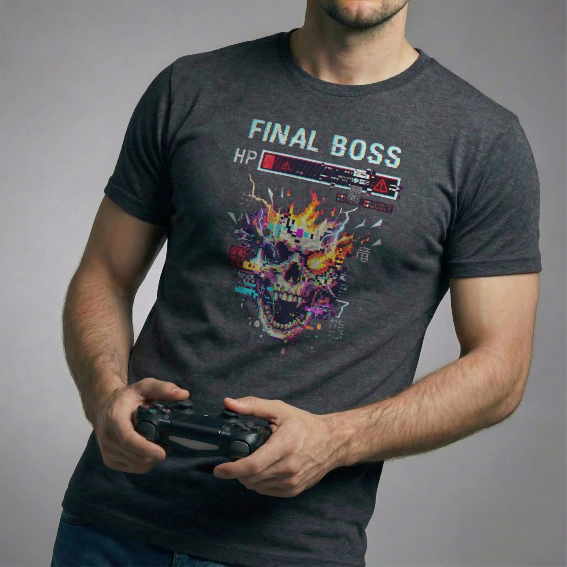 Final Boss gamer t-shirt with glitch skull and HP bar design on dark heather shirt