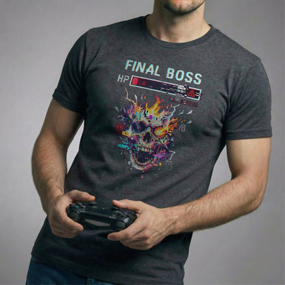 Final Boss gamer t-shirt with glitch skull and HP bar design on dark heather shirt