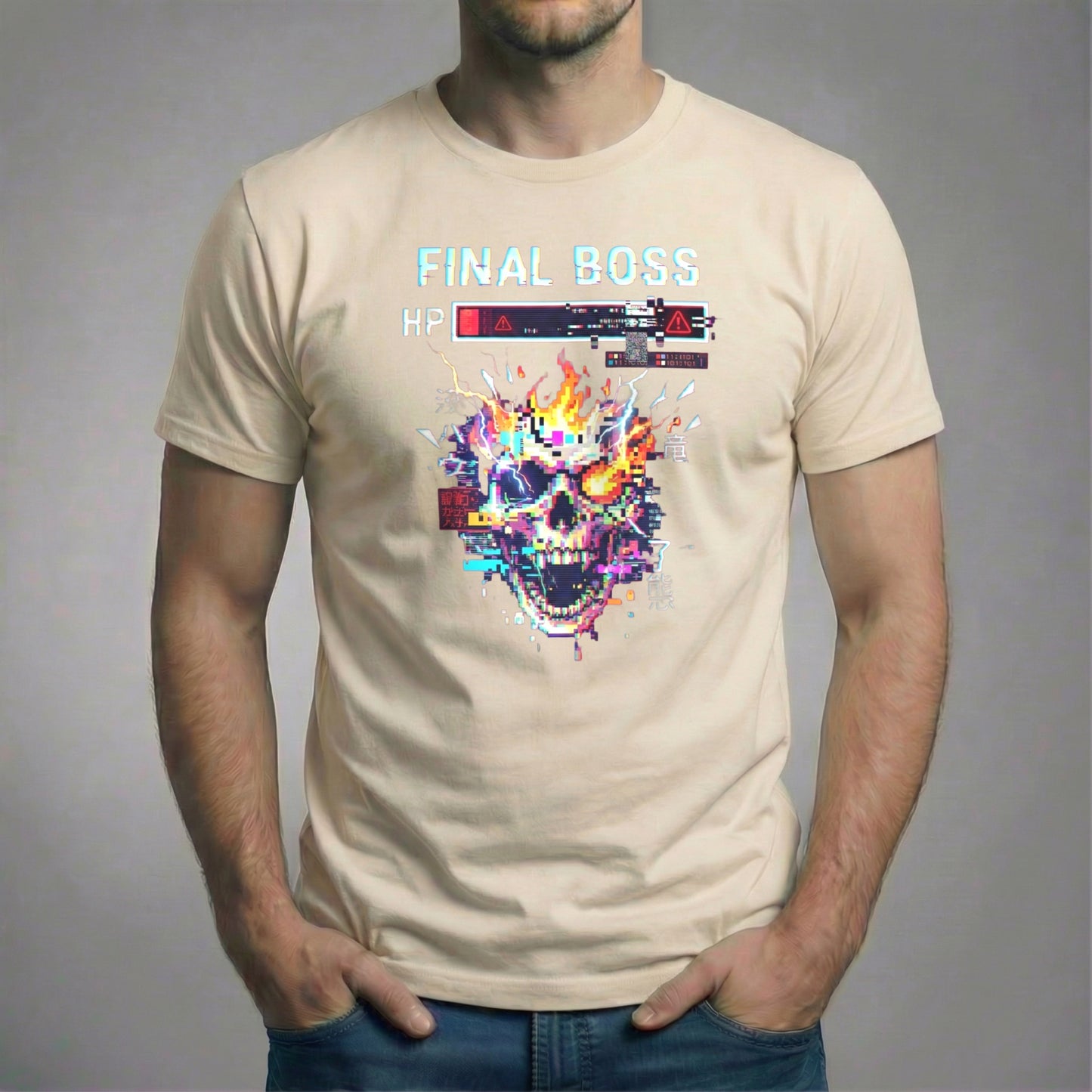 Final Boss video game t-shirt with glitch skull and health bar graphic on soft cream shirt