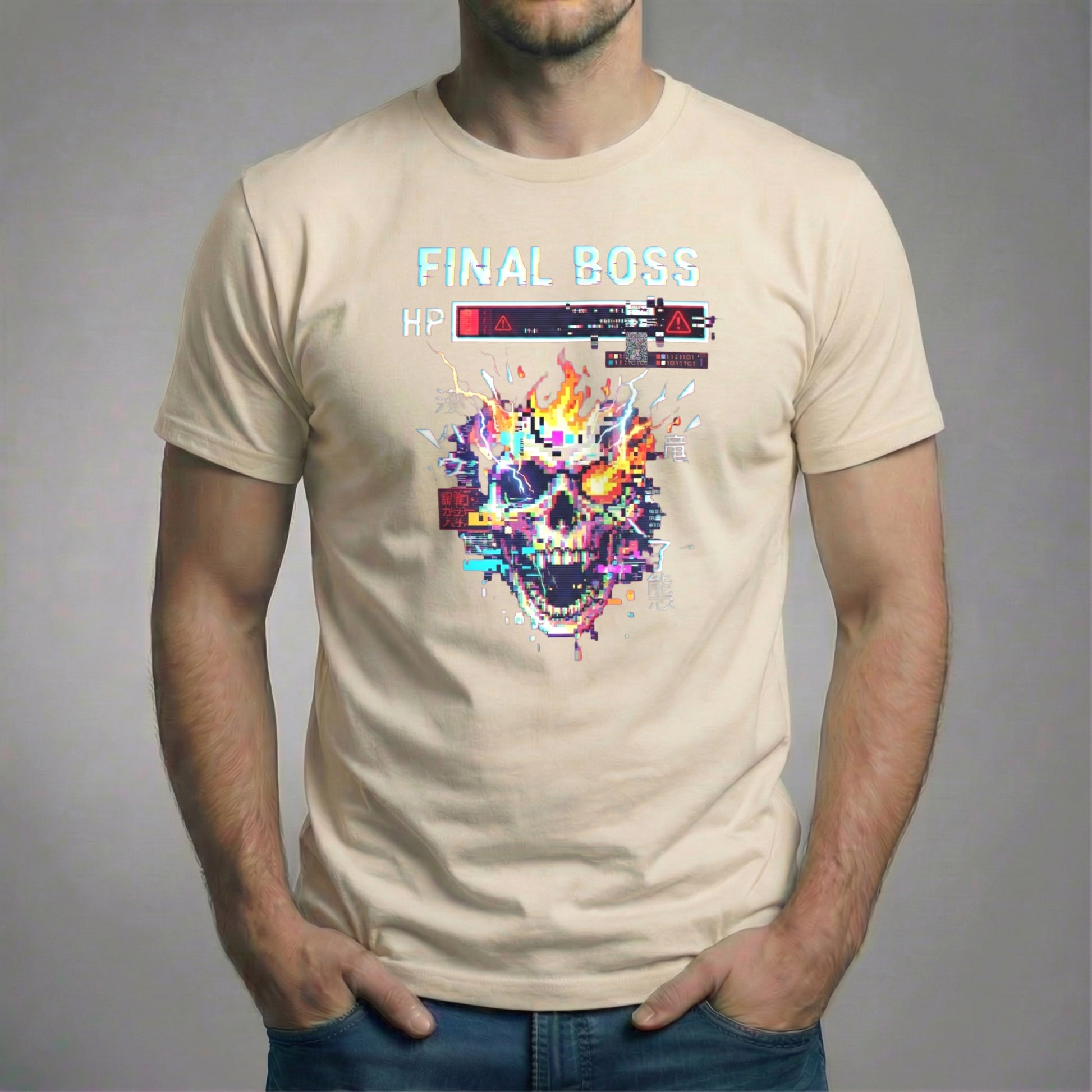 Final Boss video game t-shirt with glitch skull and health bar graphic on soft cream shirt