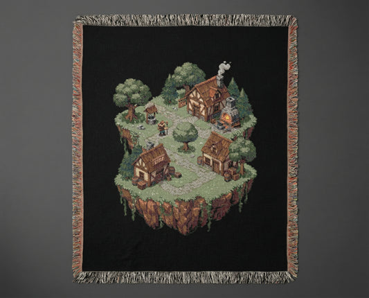 60x50 woven cotton throw blanket with floating village pixel art design laid flat on neutral background