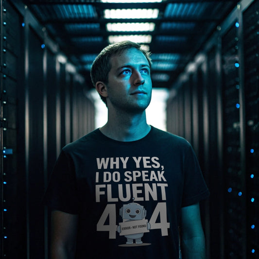 Hyper-realistic mockup of a 25–40-year-old man wearing a black Fluent 404 T-Shirt standing in a dimly lit server room with rows of blinking rack lights.
