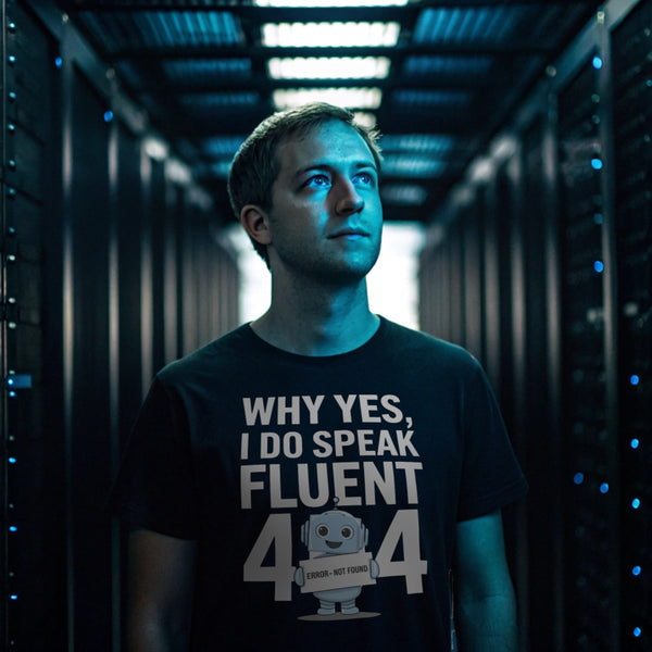 Hyper-realistic mockup of a 25–40-year-old man wearing a black Fluent 404 T-Shirt standing in a dimly lit server room with rows of blinking rack lights.