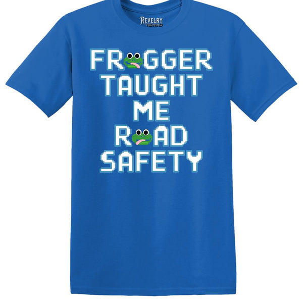 Flat lay of Frogger Taught Me Road Safety design on royal blue t-shirt