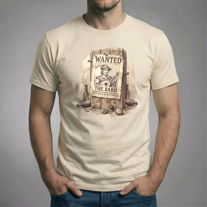 Cream colored t-shirt showing a hand-drawn "The Bard" wanted poster design with a d20 die and rustic tavern details.