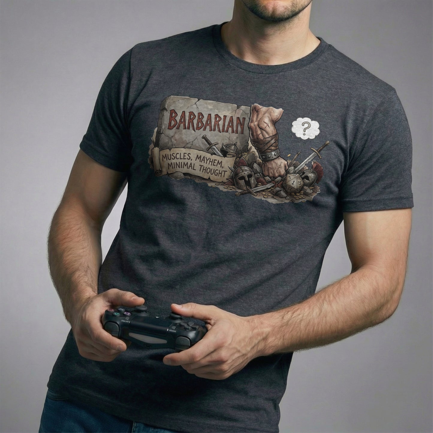 Dark grey heather t-shirt featuring a distressed fantasy gym design for Barbarian players who prioritize strength over intelligence.