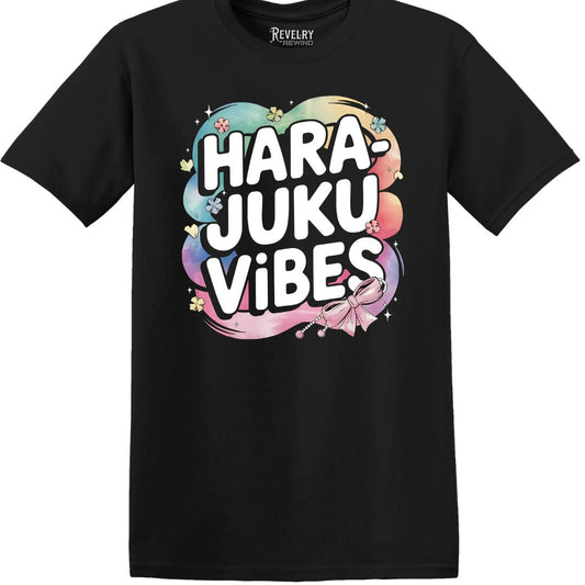 Flat lay of Harajuku Vibes design on black t-shirt