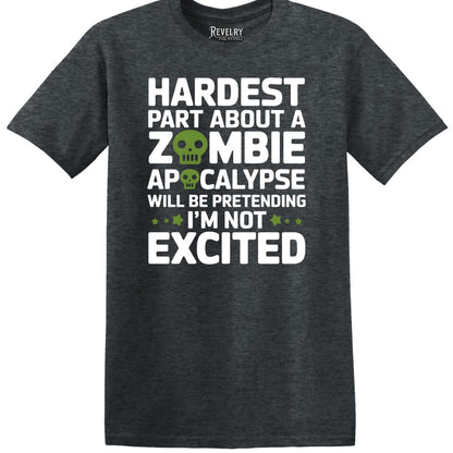 Funny zombie apocalypse t-shirt in Dark Heather, flatlay