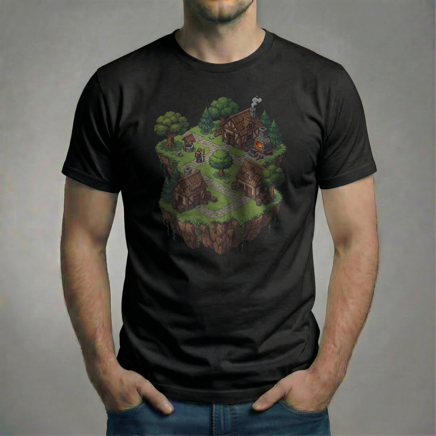 Male model wearing the Haven’s Edge Tee on a black Bella + Canvas 3001 shirt