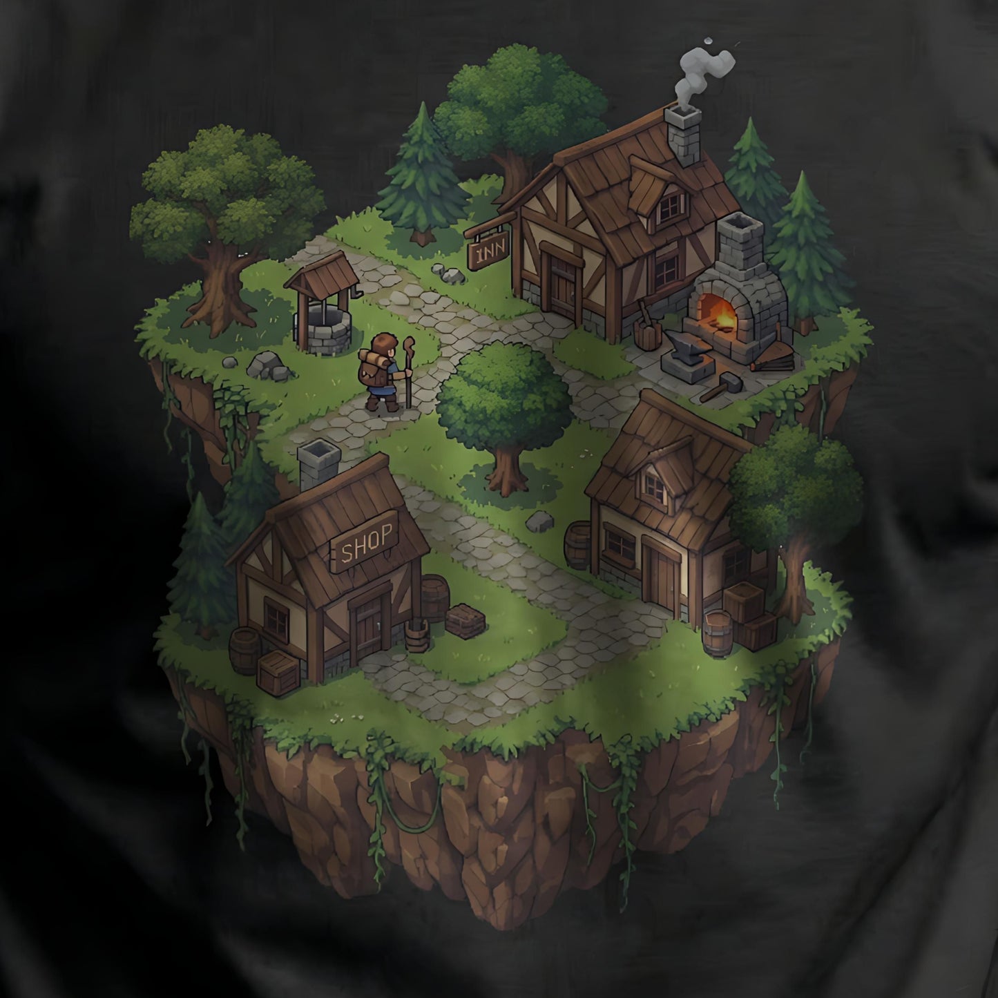 Close-up of the Haven’s Edge Tee graphic showing a floating village island on a black men’s t-shirt