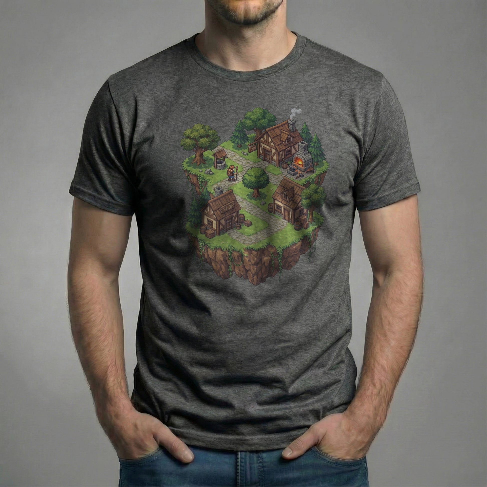 Male model wearing the Haven’s Edge Tee on a dark heather grey Bella + Canvas 3001 shirt