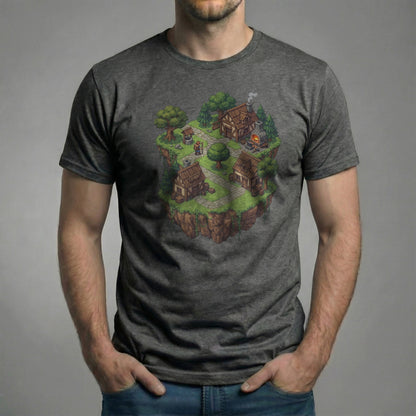 Male model wearing the Haven’s Edge Tee on a dark heather grey Bella + Canvas 3001 shirt