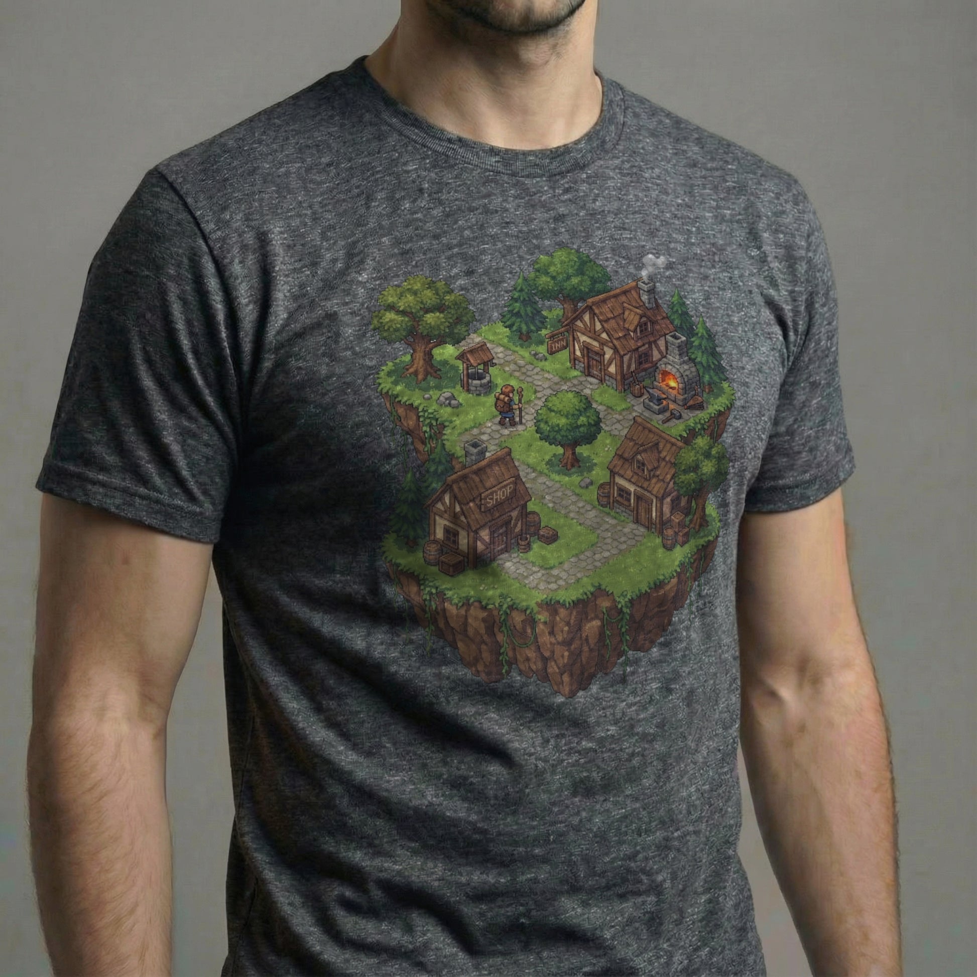 Side view of a male model wearing the Haven’s Edge Tee on a dark heather grey shirt