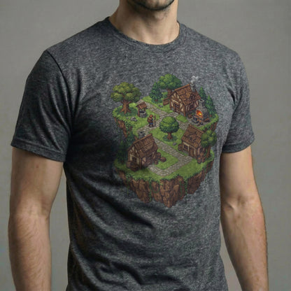 Side view of a male model wearing the Haven’s Edge Tee on a dark heather grey shirt