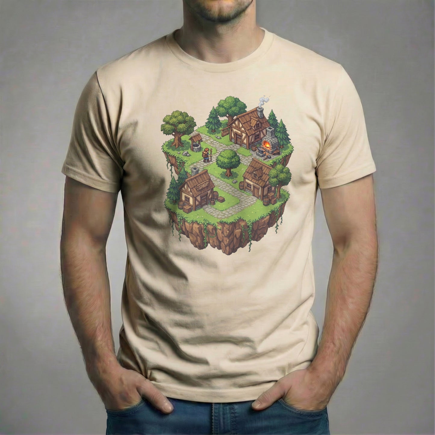 Male model wearing the Haven’s Edge Tee on a natural colored Bella + Canvas 3001 shirt