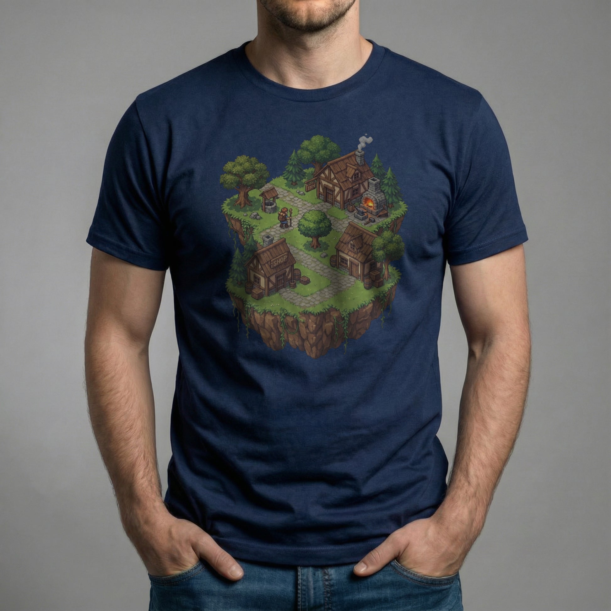 Male model wearing the Haven’s Edge Tee on a navy Bella + Canvas 3001 shirt