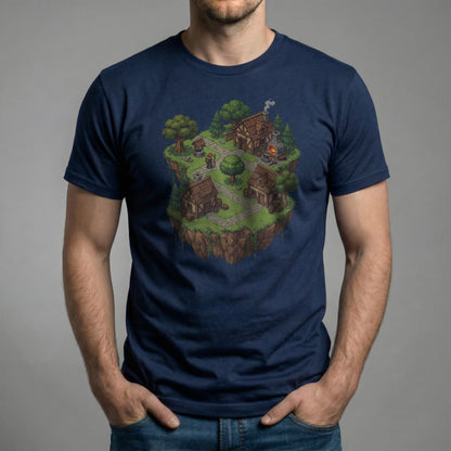 Male model wearing the Haven’s Edge Tee on a navy Bella + Canvas 3001 shirt