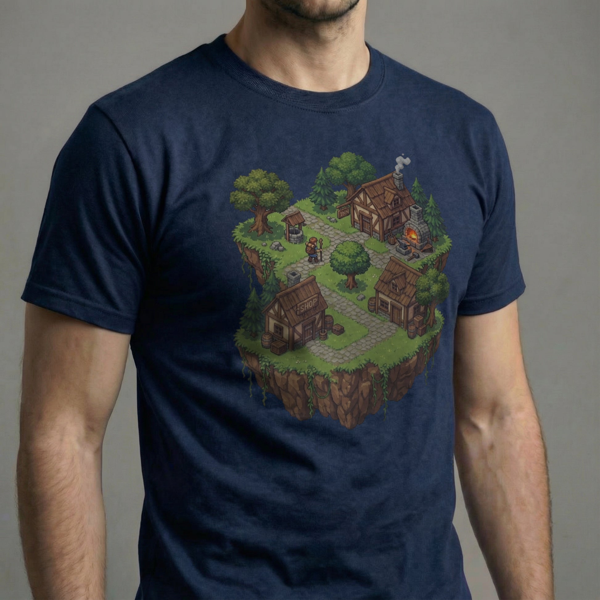 Side view of a male model wearing the Haven’s Edge Tee on a navy shirt