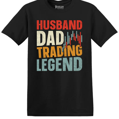 Flat lay of Husband Dad Trading Legend design on black t-shirt