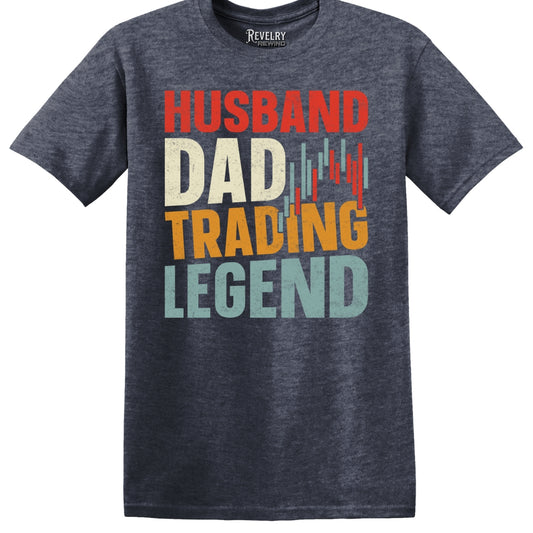 Flat lay of Husband Dad Trading Legend design on heather navy t-shirt