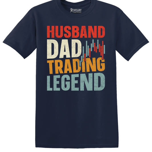Flat lay of Husband Dad Trading Legend design on navy t-shirt