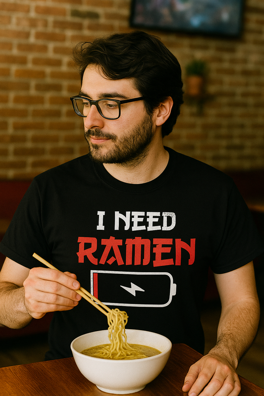 Man wearing I Need Ramen shirt in realistic setting