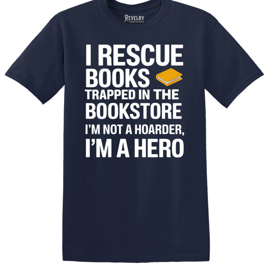 Flat lay of I Rescue Books design on navy t-shirt