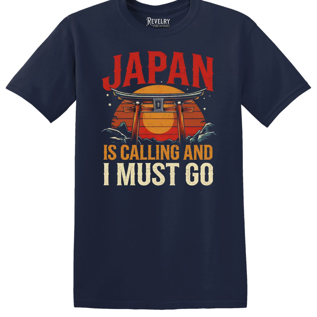Flatlay of navy t-shirt featuring rising sun and torii gate artwork