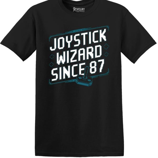 Flat lay of Joystick Wizard Since ’87 design on black t-shirt