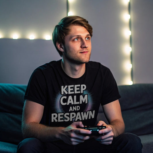 keep-calm-black-mockup: Gamer wearing Keep Calm and Respawn shirt in black while playing video games on couch