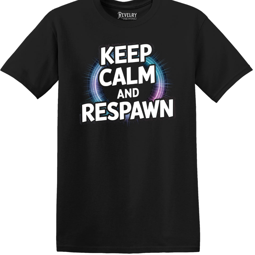 Black Keep Calm and Respawn T-Shirt flatlay image