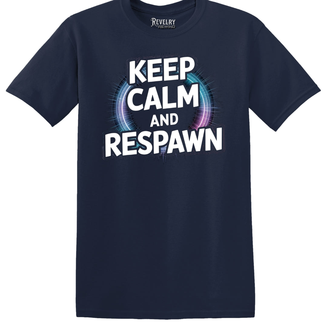 Navy Keep Calm and Respawn T-Shirt flatlay image