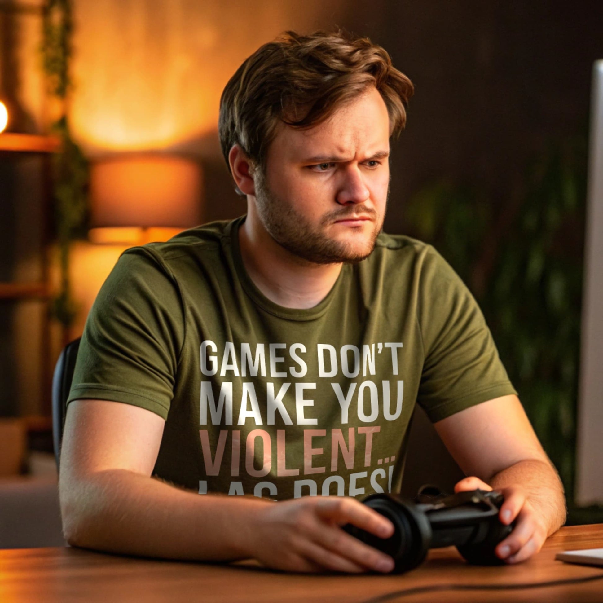 Man in military green gamer shirt holding controller with intense focus, shirt says “Games Don’t Make You Violent… Lag Does”