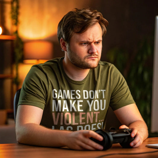 Man in military green gamer shirt holding controller with intense focus, shirt says “Games Don’t Make You Violent… Lag Does”
