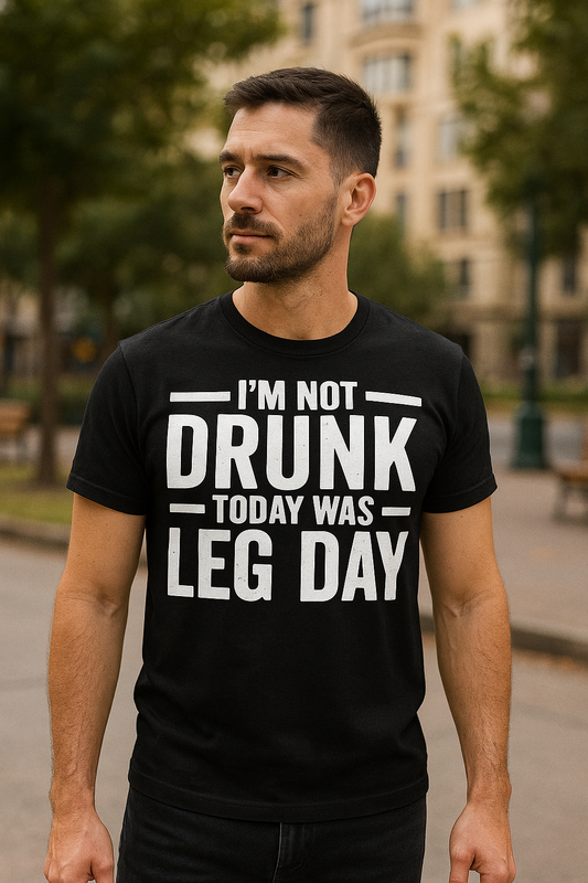 Man wearing Leg Day Drunk shirt in realistic setting