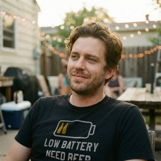 Man wearing Low Battery Need Beer T-Shirt in black