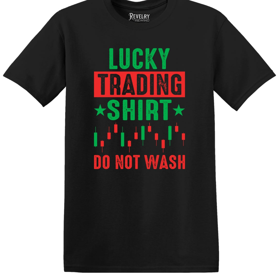 Flat lay of Lucky Trading Shirt design on black t-shirt