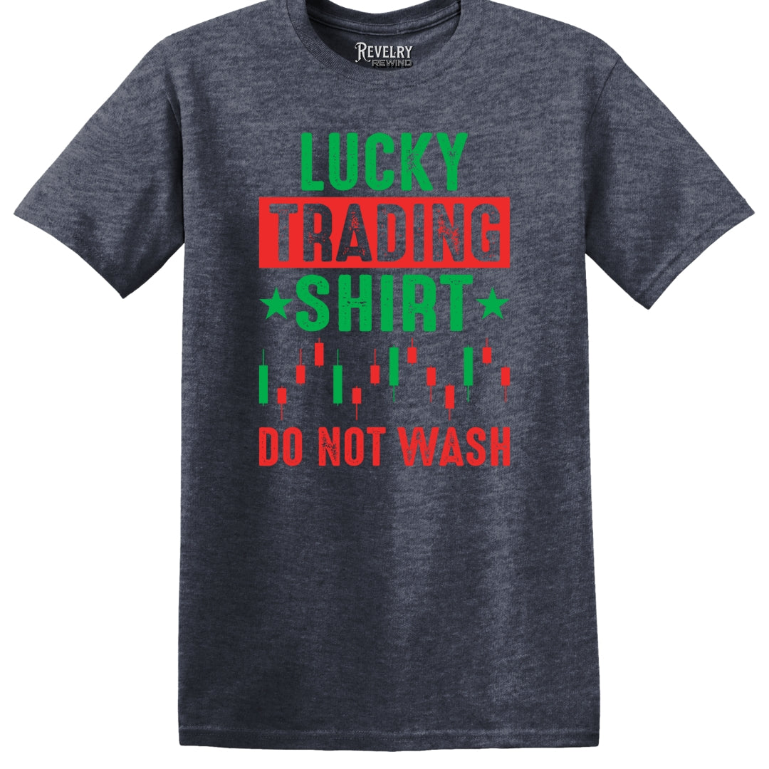 Flat lay of Lucky Trading Shirt design on heather navy t-shirt