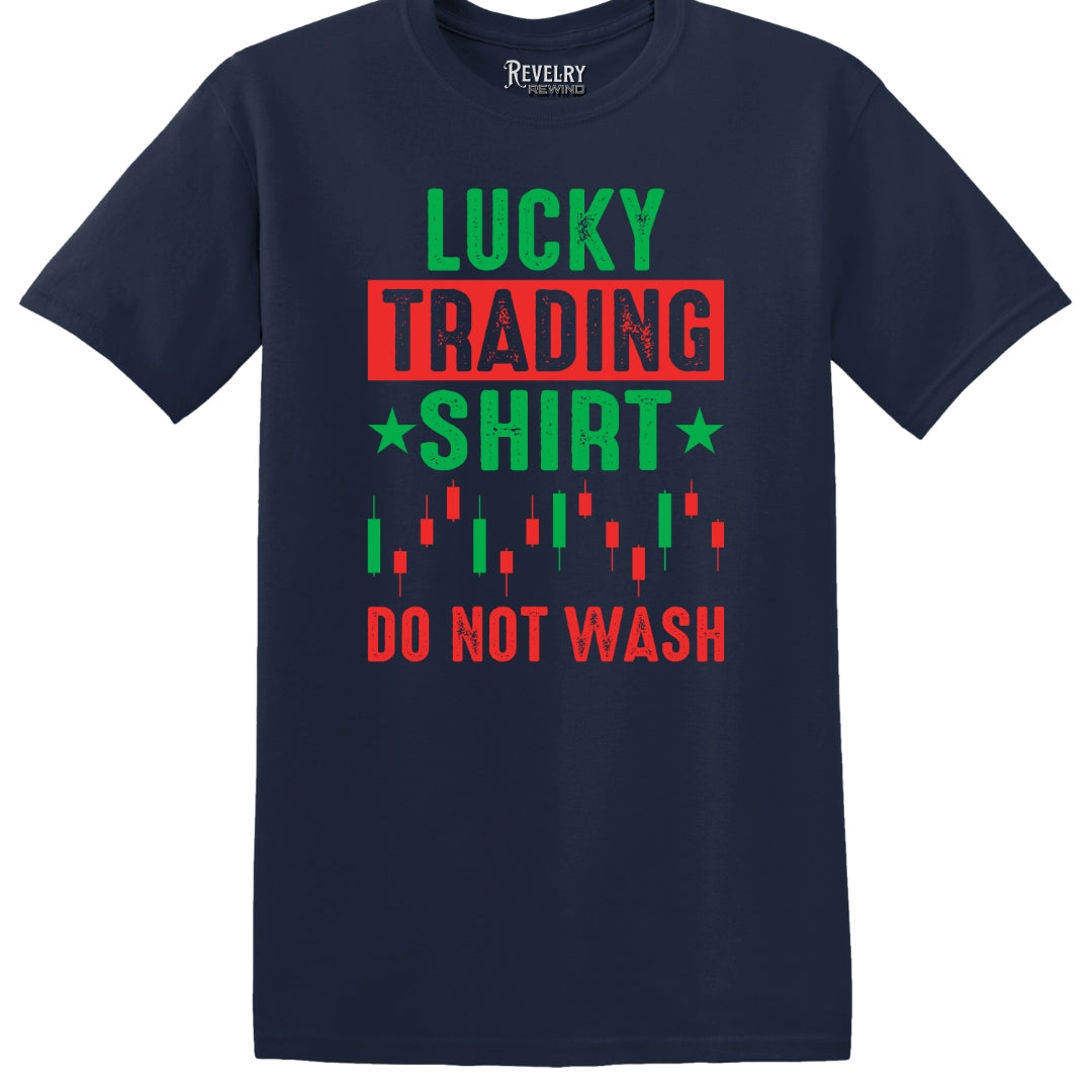 Flat lay of Lucky Trading Shirt design on navy t-shirt