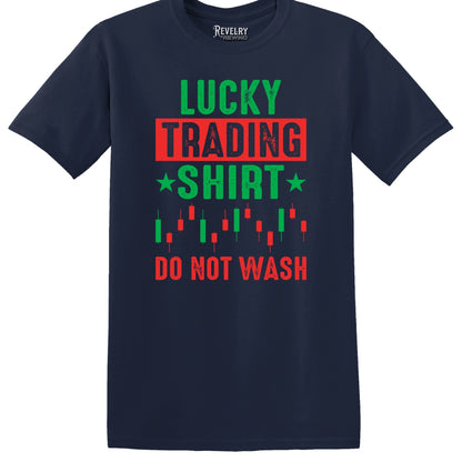 Flat lay of Lucky Trading Shirt design on navy t-shirt