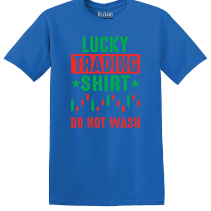 Flat lay of Lucky Trading Shirt design on royal t-shirt