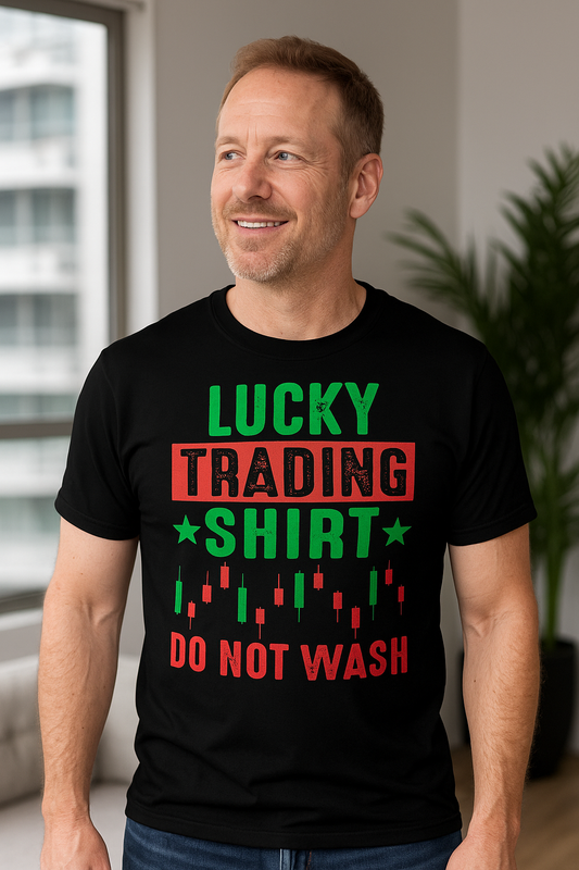 Man wearing Lucky Trading Shirt in realistic setting