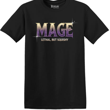 Flat lay of black funny mage t-shirt for RPG gamers