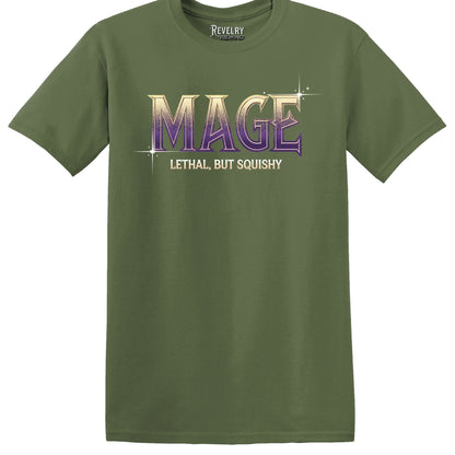 Flat lay of military green mage shirt for fantasy spellcasters