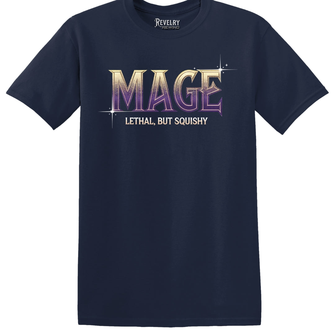 Flat lay of navy RPG mage shirt with “Lethal but Squishy” text