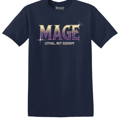 Flat lay of navy RPG mage shirt with “Lethal but Squishy” text