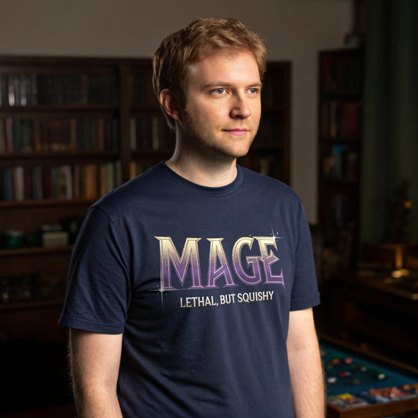 Realistic mockup of man wearing navy mage t-shirt with the phrase “Lethal but Squishy” in a tabletop gamer setting