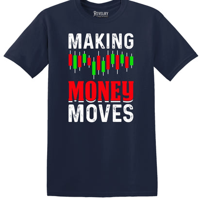 Flat lay of Making Money Moves design on navy t-shirt