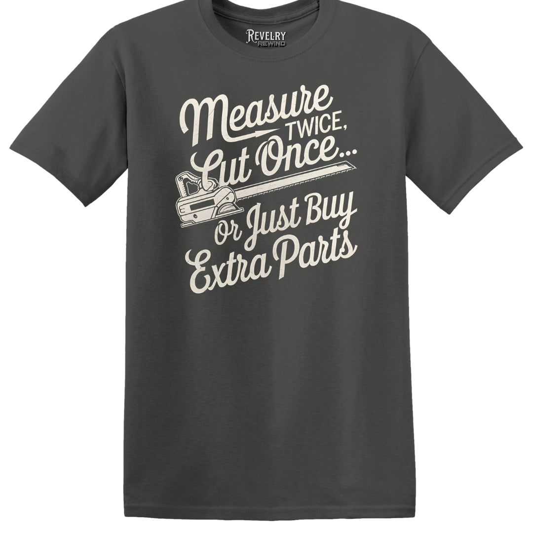 Flatlay of Measure Twice T-Shirt in Charcoal