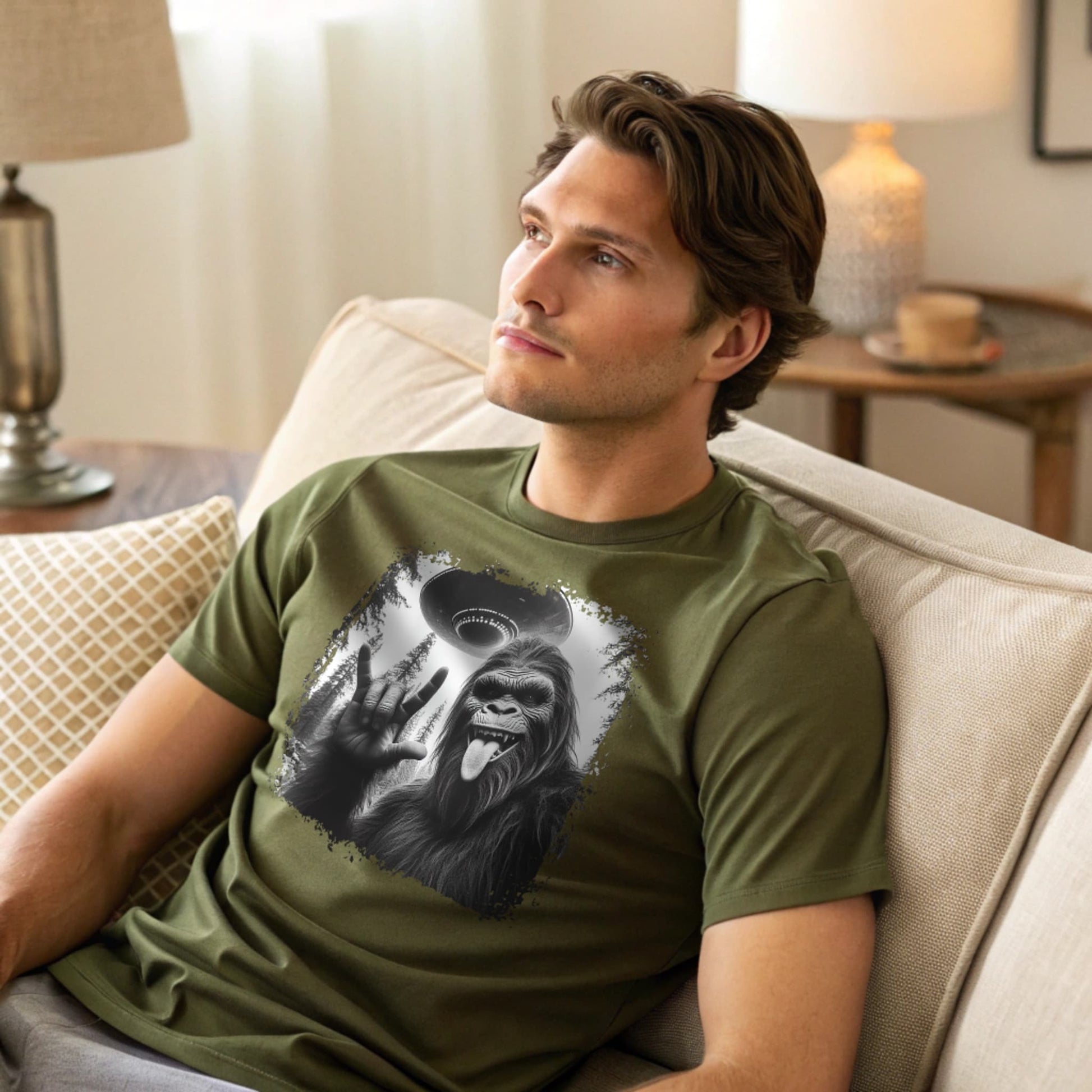 Male model lounging on a sofa wearing a military green crew-neck t-shirt featuring a white silhouette of Sasquatch raising its hand graphic, lifestyle home interior shot.